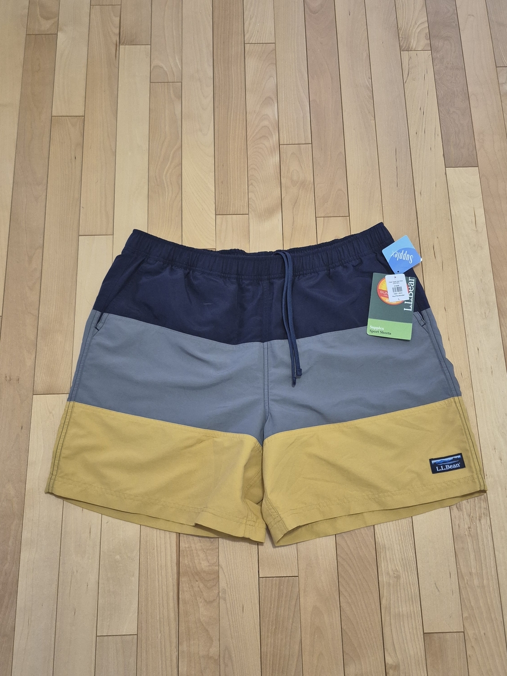 L.L.Bean Men's Tri-Panel Swim Shorts in Navy, Gray, Mustard